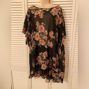 Womens Sheer Floral Top Plus Size Black Pink Tunic Overlay Flutter Sleeve Fairy